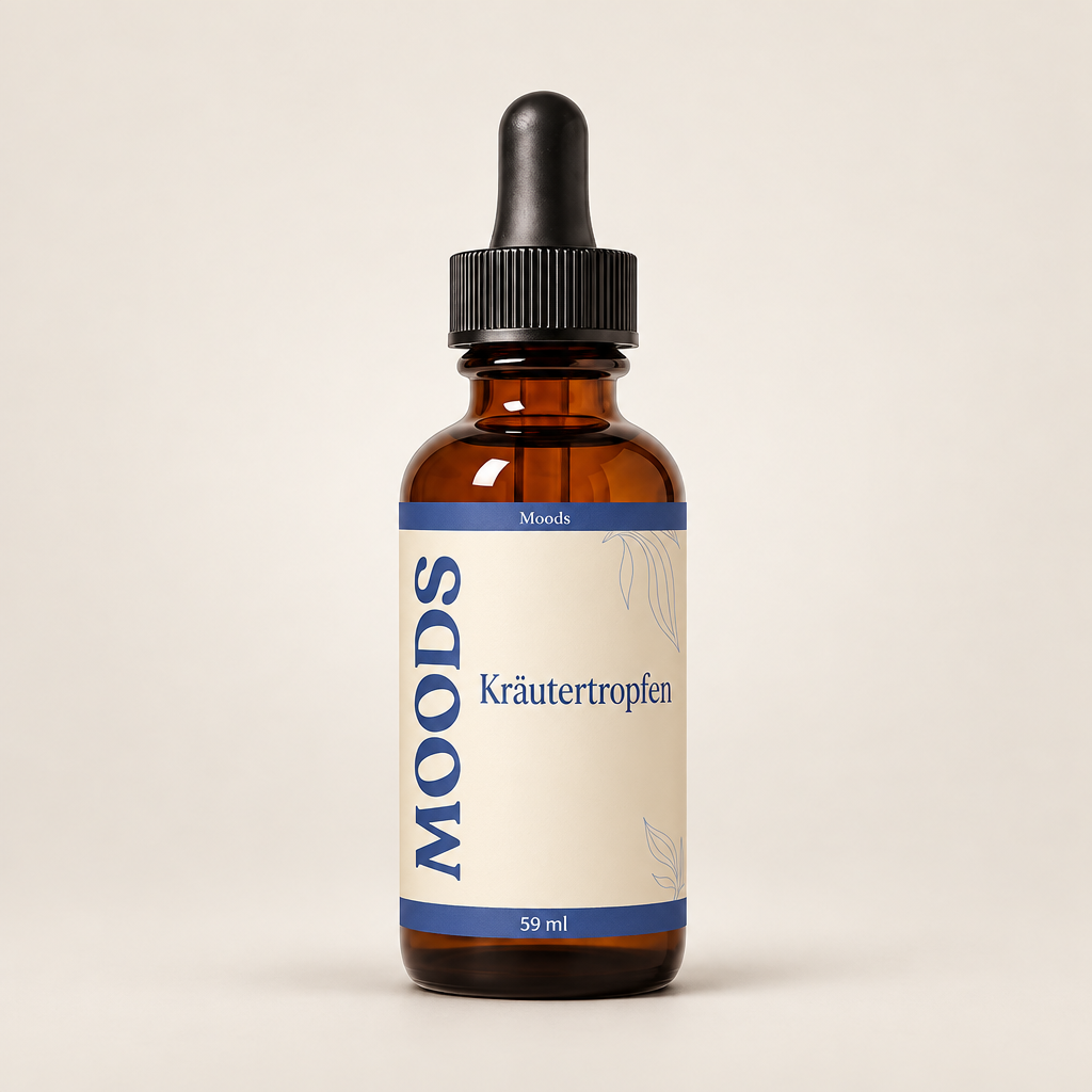 Moods Kräutertropfen - Frontansicht der bernsteinfarbenen Tropfenflasche, 59 ml