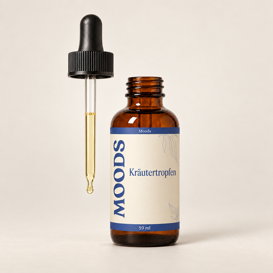 Moods Kräutertropfen - geöffnete 59-ml-Flasche mit herausgenommener Pipette und einem Tropfen