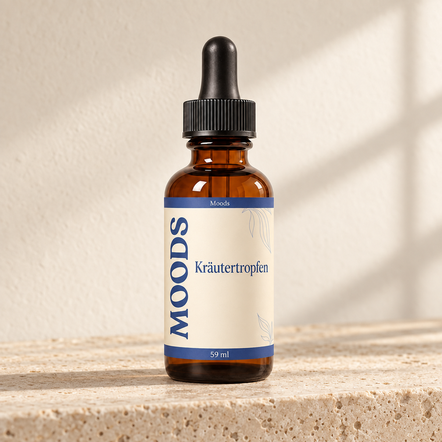 Moods Kräutertropfen - 59-ml-Flasche auf einer hellen Steinablage im Tageslicht